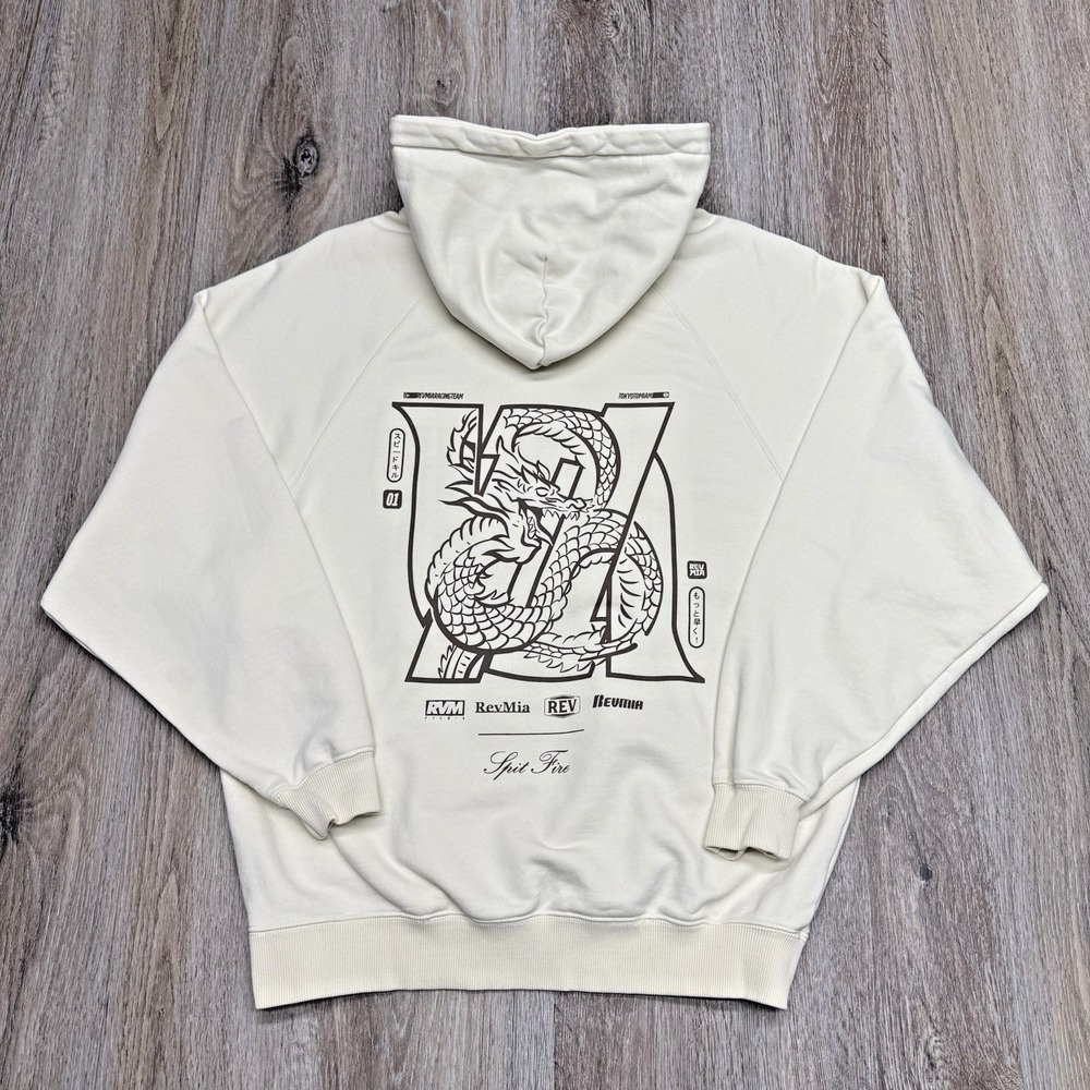 Dragon Graphic Hoodie Mens M Cream Addicted to Speed by RevMia